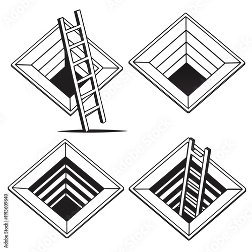 Four different views of a diamond shaped hole with a ladder