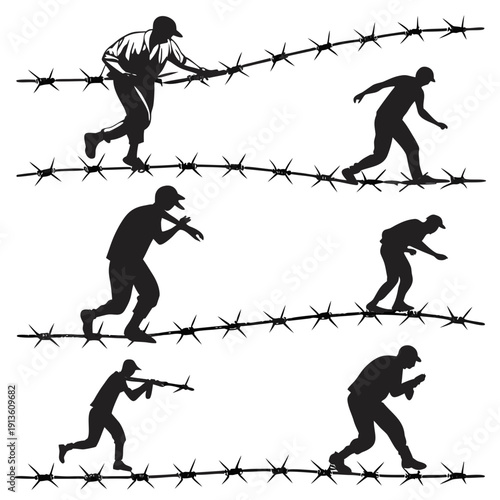 A series of silhouettes of a person running over barbed wire