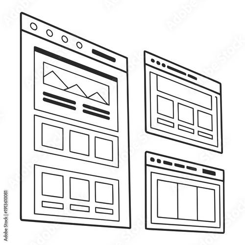 Three wireframe browser windows on a white background