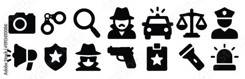 police officer detective icons set of black police 