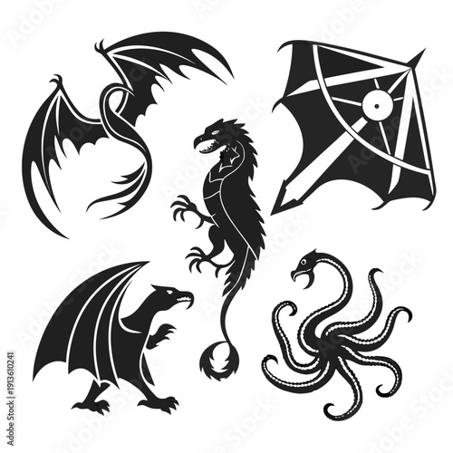 A group of mythical creatures and a kite