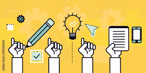 Hands reaching for icons representing ideas creation and digital solutions