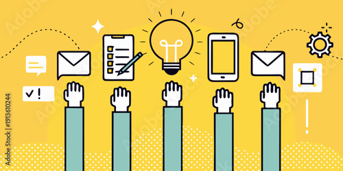 Hands reaching for digital devices and a bright idea illustration