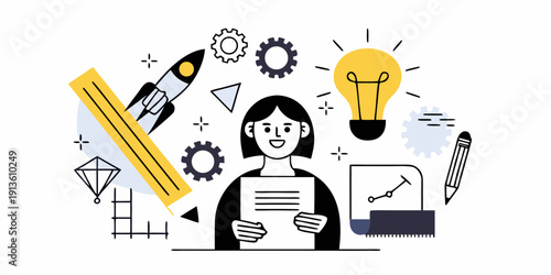 Illustration of a woman with creative elements representing innovation and ideas