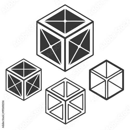 Three black and white cubes with lines on them
