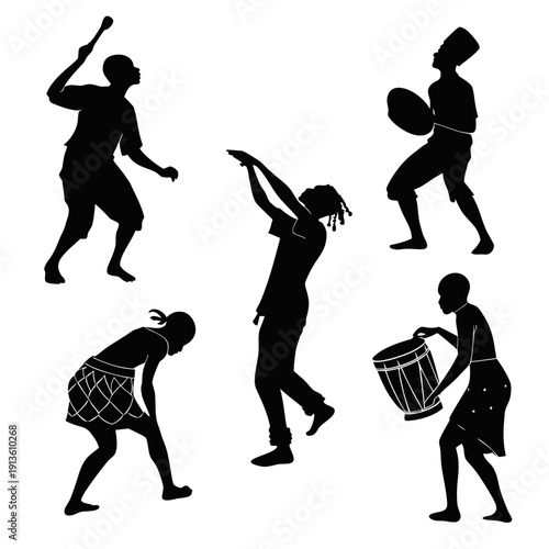 African dancers and musicians in silhouette