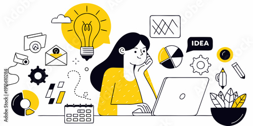 Woman brainstorming ideas with a laptop and creative visual elements