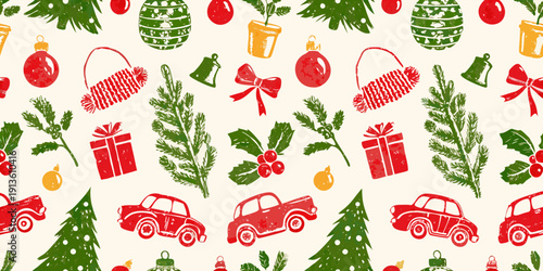 Festive christmas pattern with ornaments gifts and vintage vehicles