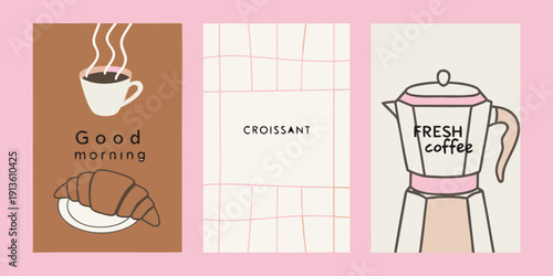 Stylized morning illustrations featuring coffee croissant and a pink coffee pot