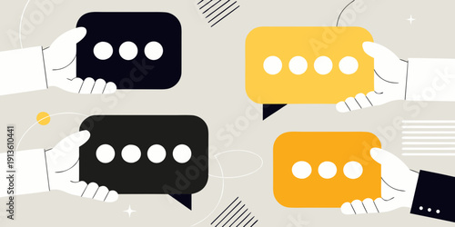 Hands holding speech bubbles black and yellow communication concepts