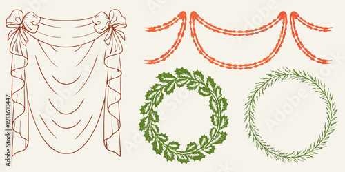 Vintage drapery swags wreaths and garlands in sketched illustration style