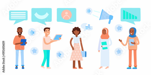 Diverse group interacting with digital communication icons and social media