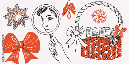 Vintage illustration of a woman basket bows and floral ornaments