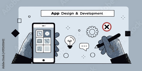 App design and development concept with a smartphone and design elements