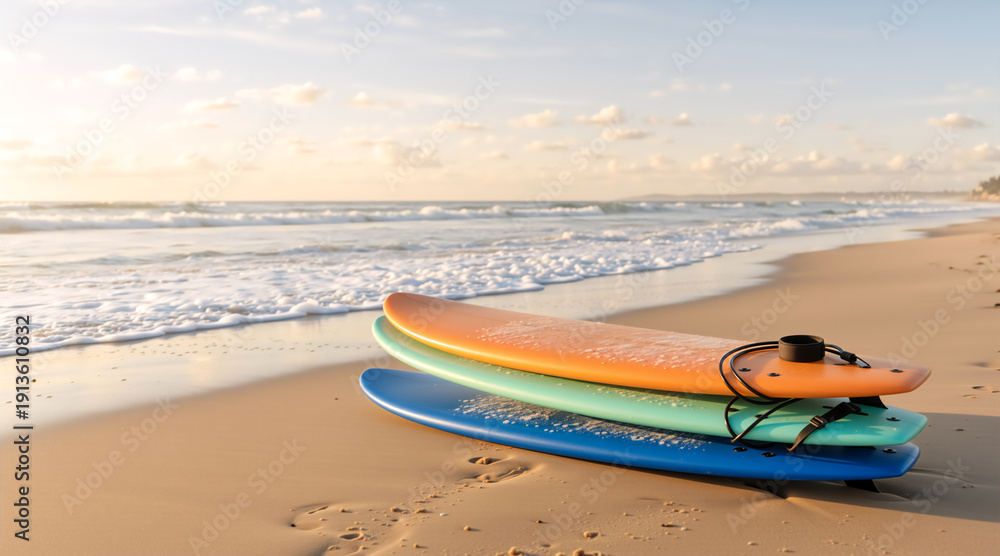 Obraz premium Stack of colorful surfboards on a sandy beach at sunset. Orange, green, and blue surfboards near the ocean shore. Summer vacation and surfing concept