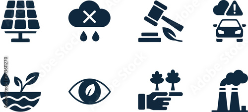 A collection of dark blue environmental icons representing sustainability and ecological concerns on a clean white background