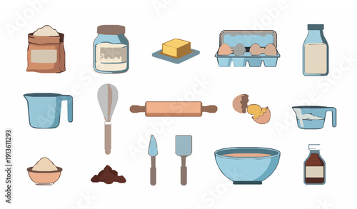 Baking ingredients and kitchen tools cartoon vector set isolated on solid white background flat design collection