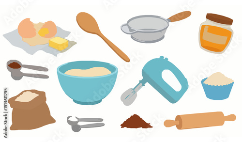 Cute baking ingredients and pastry tools cartoon vector illustration isolated on white background