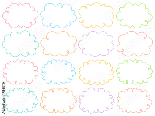 カラフルな雲型のくるくるのポップな線画フレームセット