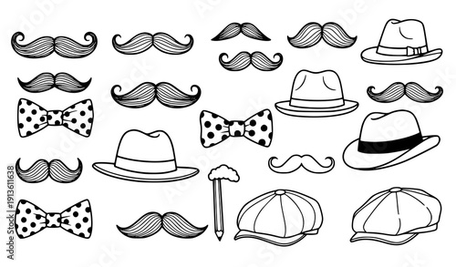 Hand drawn gentleman disguise doodle icons with hat mustache and bow tie variations vector