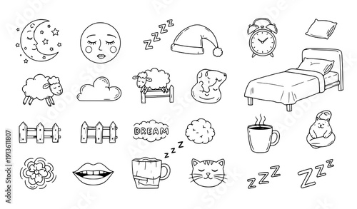 Hand drawn sleep doodle icon set with moon bed alarm clock and dreaming symbols vector illustration