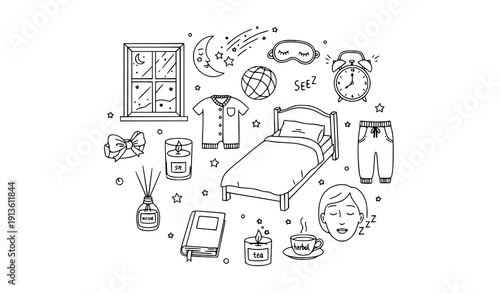 Sleep night routine doodle icon collection with bed moon tea and relaxation symbols vector illustration