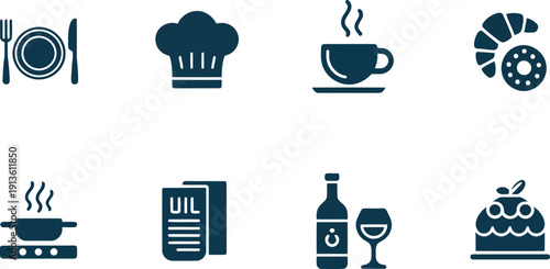 A collection of dark blue silhouette icons for dining, cooking, beverages, and dessert on white