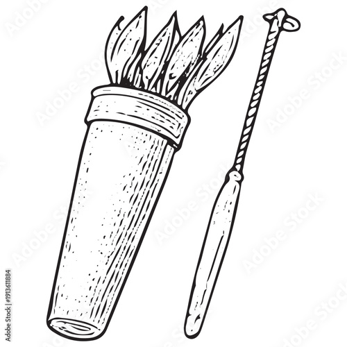 Medieval Quiver and Arrow Illustration – Vintage Archer Gear Engraving
