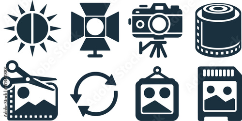 A collection of dark blue silhouette icons representing various photography and image editing tools
