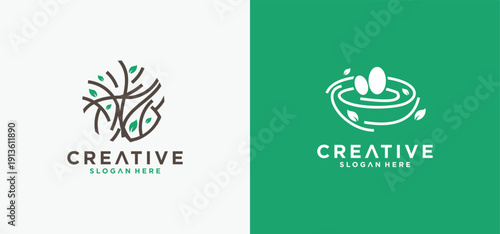 Natural bird nest icon logo with root and leaf symbols in a beautiful combination.