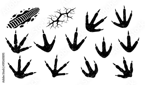 Hand drawn dinosaur track silhouette icon collection with grunge textured footprints vector