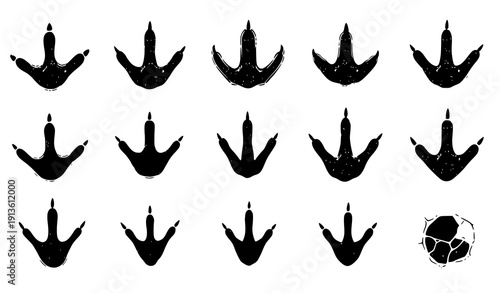 Dinosaur footprint silhouette grunge doodle set with prehistoric track marks vector illustration