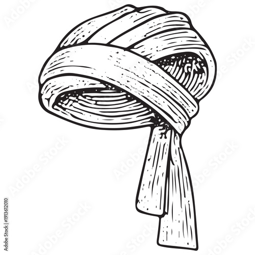 Medieval Cloth Turban Illustration – Vintage Warrior Headgear Engraving Line Art