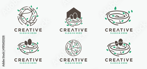 Natural bird nest icon logo with root and leaf symbols in a beautiful combination.