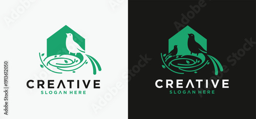 Natural bird nest icon logo with root and leaf symbols in a beautiful combination.