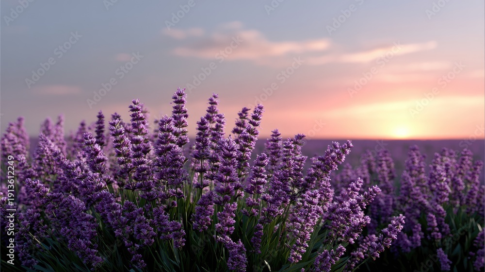 Naklejka premium Lavender Field at Sunset with Vibrant Colors and Peaceful Atmosphere, Capturing Nature's Beauty and Tranquility in a Serene Landscape Scene