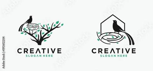 Natural bird nest icon logo with root and leaf symbols in a beautiful combination.