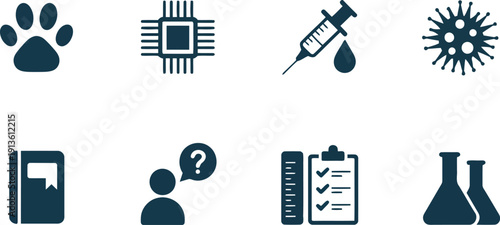 A collection of diverse dark blue flat icons representing science, education, and medical concepts