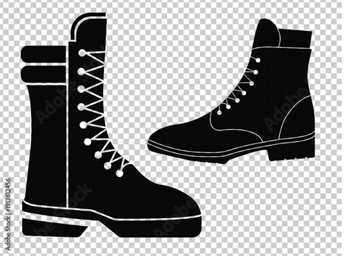 Black silhouette of combat boots, military style footwear with laces