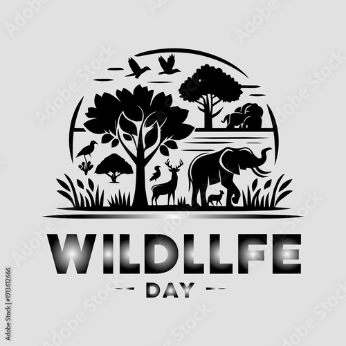 Wildlife day nature conservation poster with elephant deer birds trees landscape silhouette emblem promoting environmental protection awareness campaign