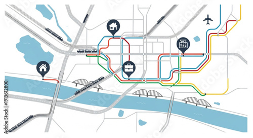City map with transportation routes and icons.