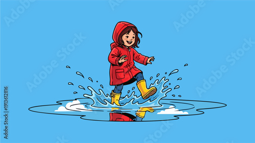 Happy Child in Red Raincoat Jumps Joyfully in a Puddle