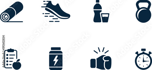A collection of monochrome fitness icons depicting various workout and healthy lifestyle elements