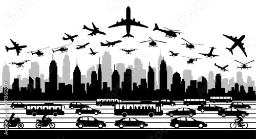 City skyline with various modes of transportation flying and driving.