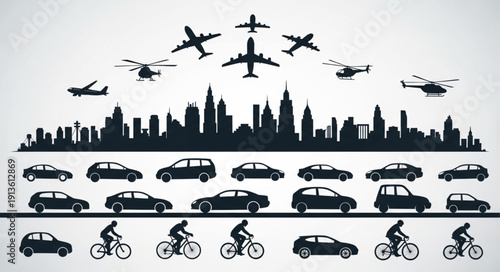 City skyline with various modes of transportation and vehicles.