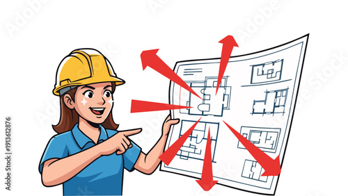 Female Construction Worker or Architect Explaining Building Blueprint with Directional Arrows