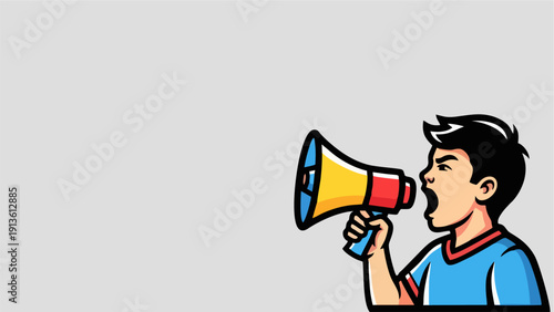 Cartoon Boy Shouting Through Colorful Megaphone Announcing Message with Copy Space