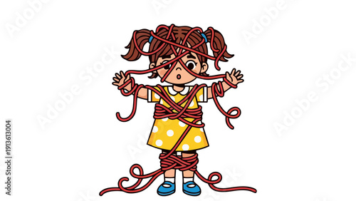 Confused Little Girl Tangled Up in Red Yarn or String Illustration