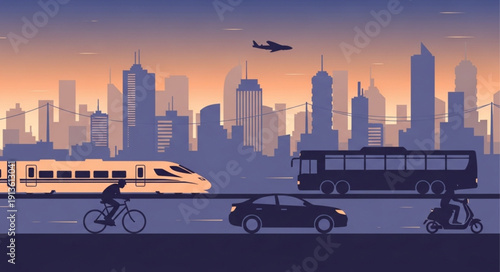 City transportation scene with train bus car and bicycle.