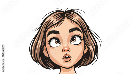 Cartoon Illustration of Surprised Young Woman with Short Brown Hair Looking Up